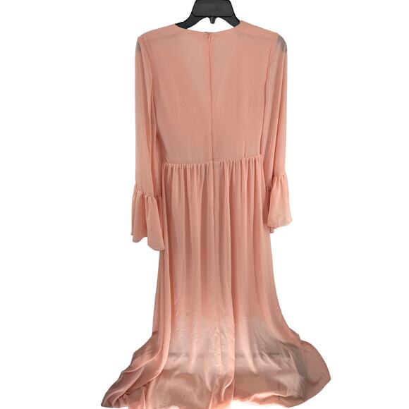 Solid Peach Sheer Long Sleeve V-Neck Pleated Maxi Dress Women's Size Medium - Picture 3 of 7